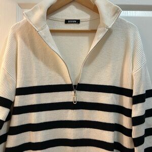 Elegant Black and Ivory Striped 3/4 zip Sweater